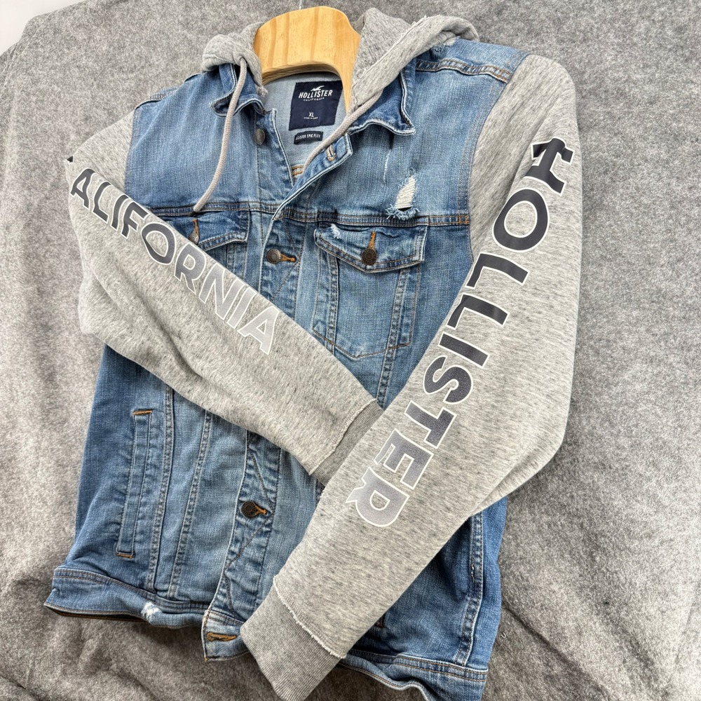 Hollister Denim Jacket Mens XL Blue Grey Hooded Distressed California Graphic